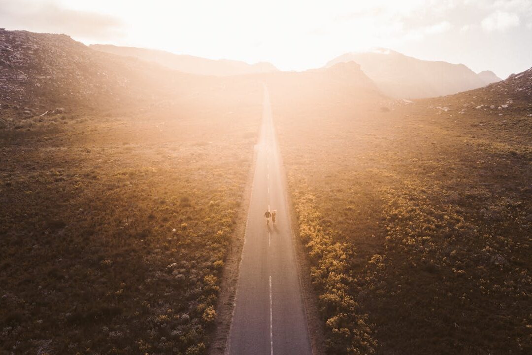Stunning aerial view of a solitary road in Cape Town's rural landscape at dawn, bathed in warm sunlight.